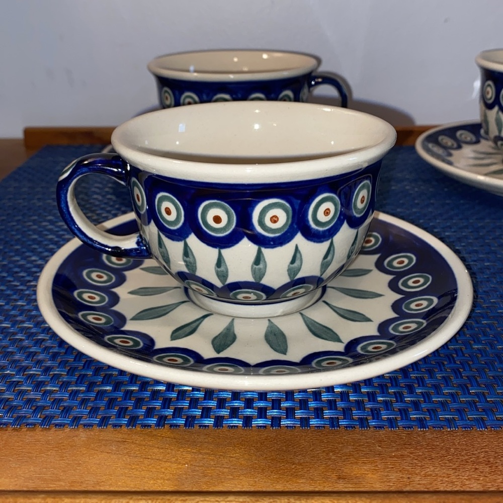 8 piece set Polish Pottery cups and saucers, Boleslawiec, Peacock pattern - Picture 2 of 6